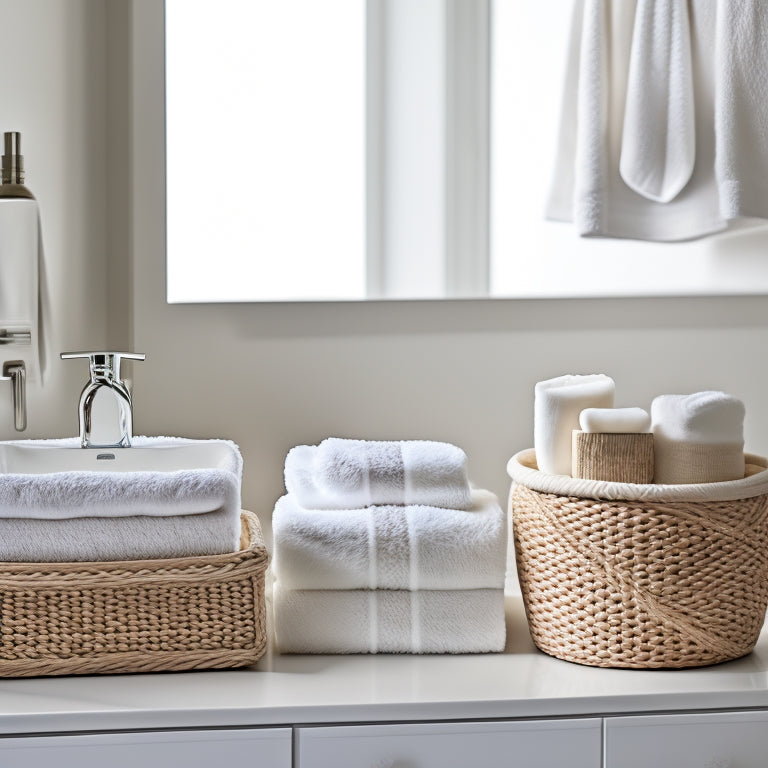 A serene, neutral-toned bathroom with three woven white baskets of varying sizes placed on a sleek, white countertop, surrounded by a few strategically-placed, rolled towels and a minimalist soap dispenser.