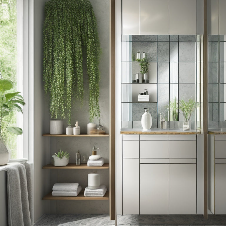 A sleek, modern mirrored bathroom cabinet with built-in shelves, elegantly reflecting soft ambient light. The shelves are neatly organized with plush towels, decorative jars, and lush greenery, set against a chic tiled wall.