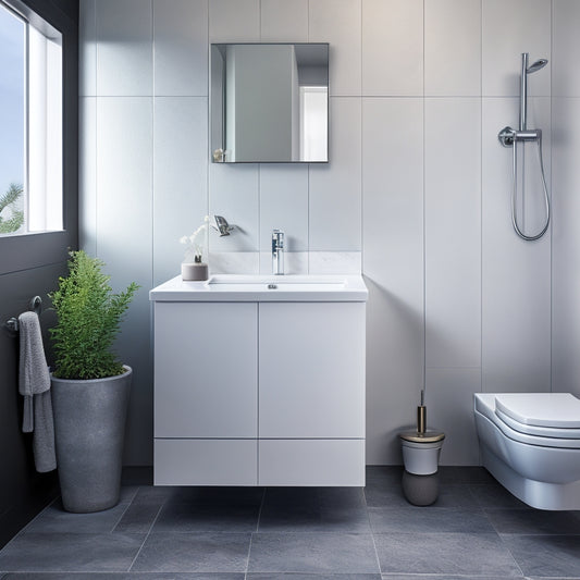 A serene, modern bathroom featuring a wall-mounted toilet in matte black alongside a sleek, white, oval-shaped bath sink with chrome faucet, set against a calming gray and white marble backsplash.