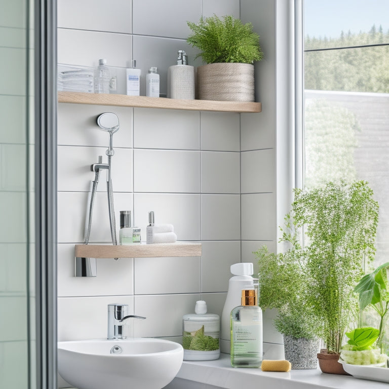 A bright, airy small bathroom features a sleek, modern shower caddy filled with neatly arranged toiletries. Soft natural light streams through a frosted window, illuminating elegant tiles and a vibrant plant on the counter.