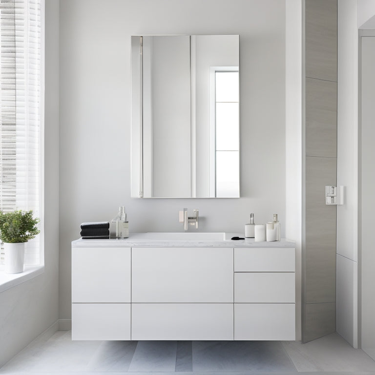 A minimalist, modern bathroom with a wall-mounted sink, featuring a sleek, chrome-finished storage unit above it, with three small drawers and an open shelf, surrounded by white marble walls and a large mirror.