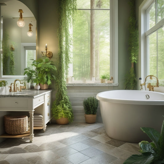 A serene bathroom with soft, warm lighting, featuring a freestanding tub, a rainfall showerhead, and a spacious vanity with double sinks, surrounded by lush greenery and natural stone accents.