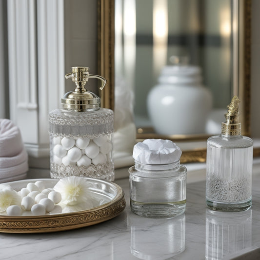 A stylish bathroom countertop with three clear glass jars of varying sizes, adorned with ornate metal lids, holding toiletries, cotton balls, and Q-tips, on a marble background with a blurred mirror reflection.