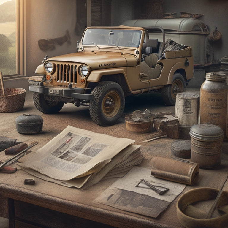 A vintage-style illustration featuring a classic Jeep model, surrounded by scattered newspaper clippings, tools, and repair manuals, with a subtle nostalgic tone and warm, earthy color palette.