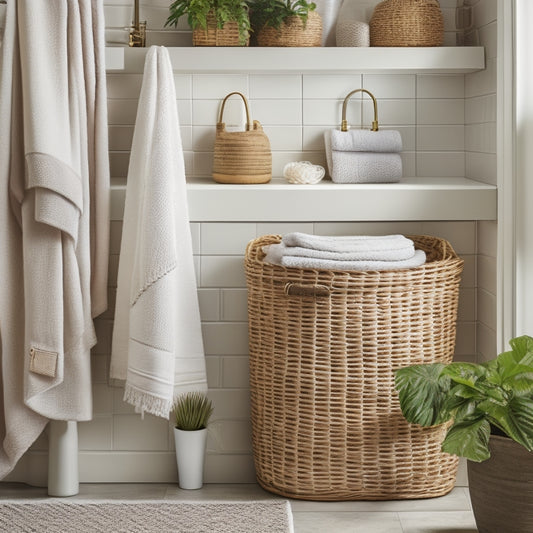 A cozy under-sink area featuring neatly organized towels in various colors, arranged in woven baskets, with a soft, natural light filtering through, highlighting a few decorative elements like a potted plant and stylish containers.