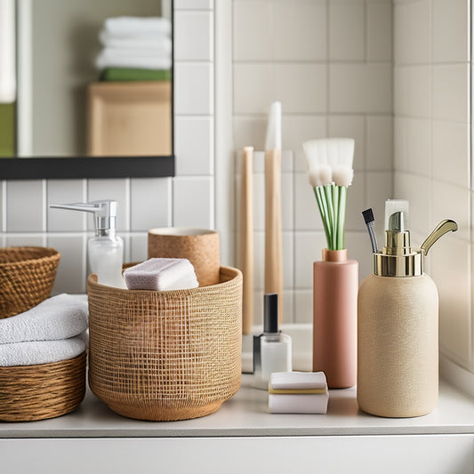 A serene bathroom countertop with a set of compact, cylindrical bamboo organizers, each containing a neatly arranged assortment of bathroom essentials, such as toothbrushes, Q-tips, and mini skincare bottles.