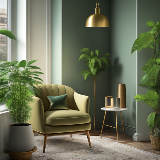 A serene, minimalist illustration of a quiet corner space with a plush, moss-green armchair, a floor lamp with a warm, golden glow, and a few, strategically-placed potted plants.