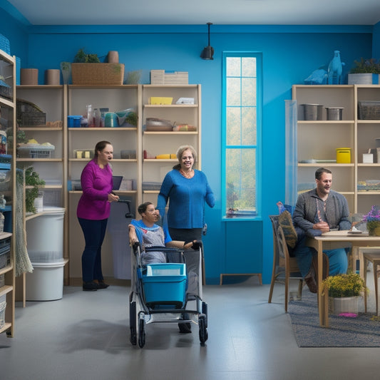 A serene, well-lit room with a mix of people with disabilities, surrounded by accessible storage units: shelves with grab bars, adjustable height cabinets, and colorful bins with easy-to-grip handles.