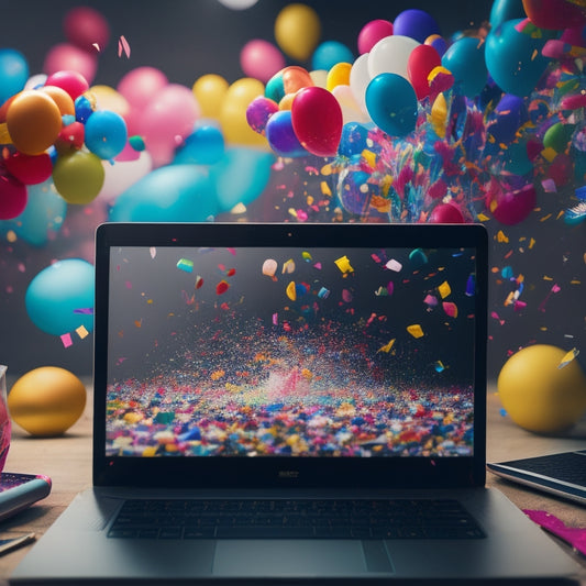A vibrant, multicolored explosion of confetti and balloons surrounding a central hub of sleek, modern laptops and tablets, with various productivity and creativity tools scattered around.