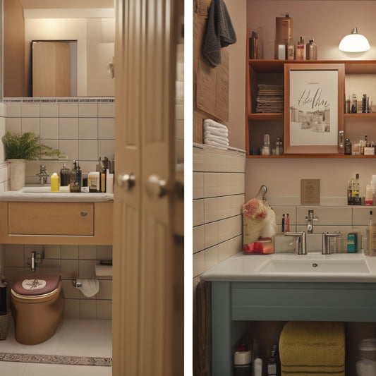 A split-screen image featuring a cluttered bathroom with toiletries scattered on the countertops on one side, and a tidy bathroom with organized shelves and storage on the other.