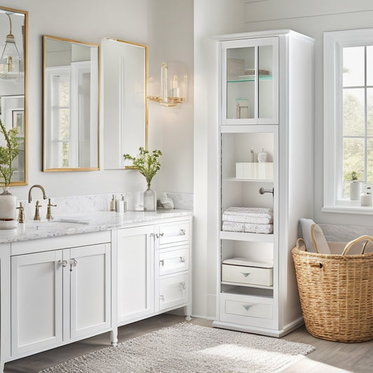 A serene white bathroom featuring a wall-mounted cabinet with frosted glass doors, a freestanding storage unit with woven baskets, and a recessed medicine cabinet with a soft-close mirror.