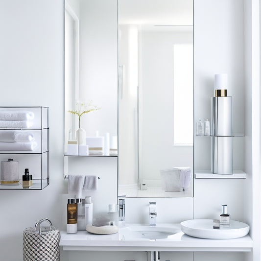 A serene, white-tiled bathroom with a floor-to-ceiling mirror, featuring three minimalist floating shelves in a polished chrome finish, showcasing an artfully arranged selection of high-end beauty products.