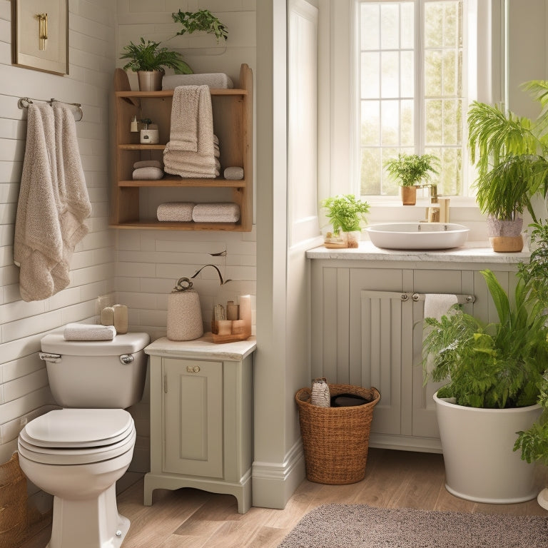 A cozy small bathroom featuring a stylish over-the-toilet storage unit, adorned with neatly arranged towels, decorative plants, and chic baskets, all set against a soothing pastel color palette and elegant fixtures.