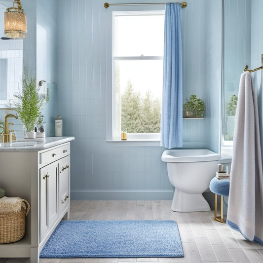 A serene, spa-like bathroom with a sleek, wall-mounted cabinet, a tidy countertop, a woven basket storing towels, and a floor-to-ceiling shower curtain in a calming, ocean-inspired hue.