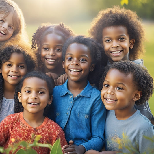 A warm, sunny background with a diverse group of smiling children (ages 5-11) gathered around a gentle, smiling adult, surrounded by subtle hints of religious symbols and gentle, colorful illustrations of nature.