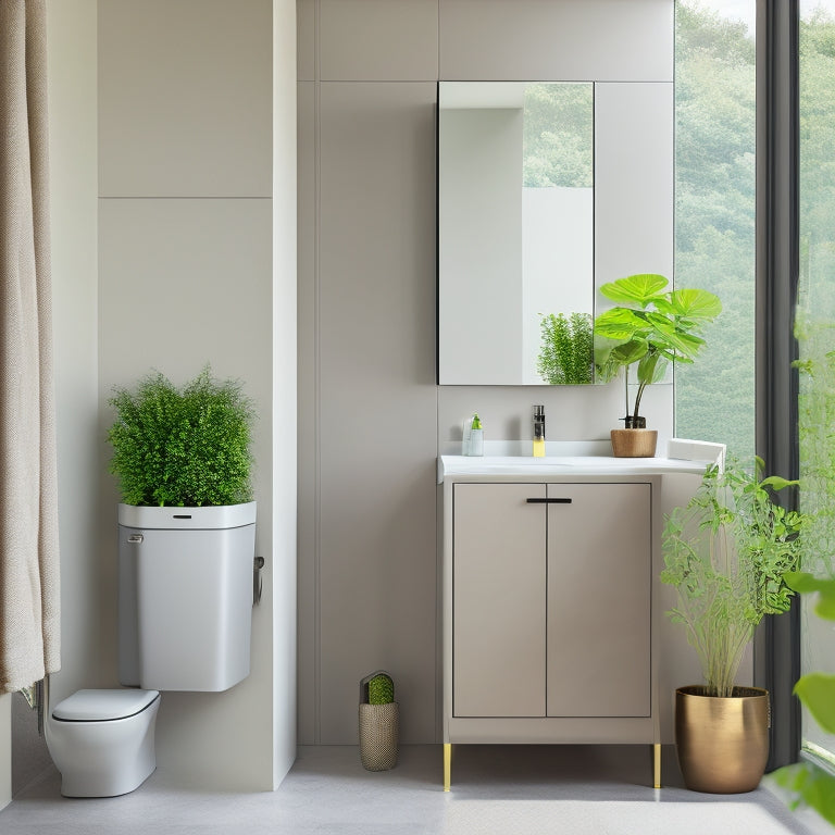 A sleek, minimalist bathroom featuring a tall, slimline storage unit in a soft matte finish, surrounded by neutral tiles, elegant fixtures, and potted greenery, evoking a sense of modern tranquility and organization.