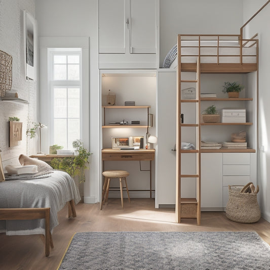 A tidy, minimalist room with a murphy bed, a compact desk, and a ladder leading to a storage loft, with wicker baskets, woven bins, and cleverly concealed shelves.