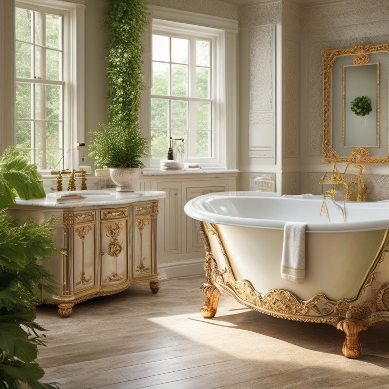 Generate an image of a serene bathroom featuring a crisp white wood vanity with ornate carvings, soft golden lighting, and a freestanding tub surrounded by lush greenery and natural stone flooring.