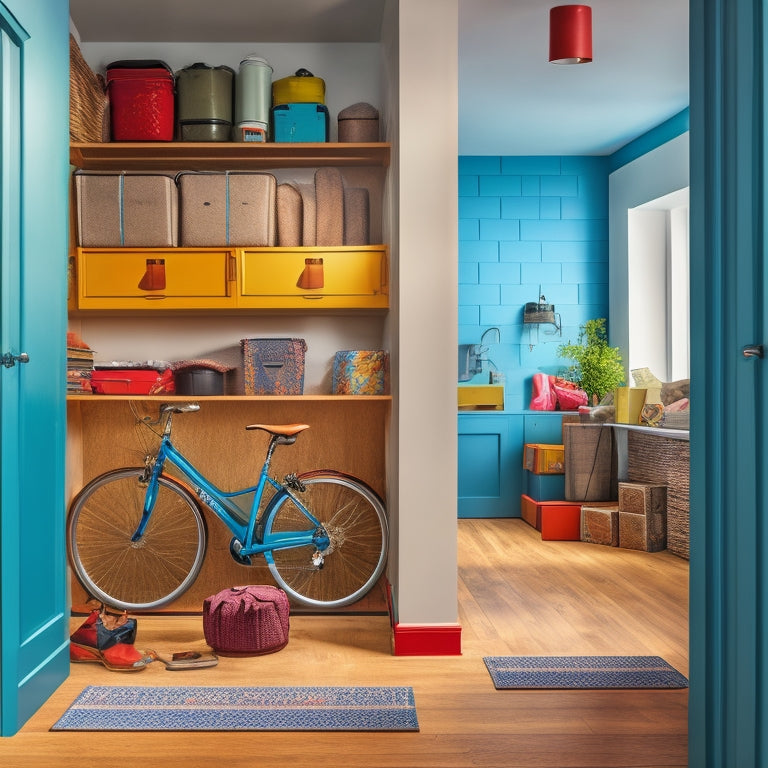 A cluttered, narrow hallway with a bicycle, toolbox, and boxes stacked haphazardly, contrasting with a calm, organized adjacent room featuring a sleek, wall-mounted shelving unit and a compact, hidden storage ottoman.