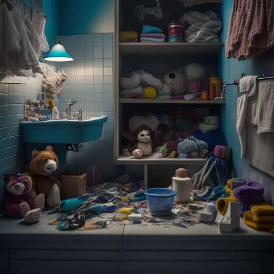 A cluttered, dimly lit kid's bathroom with open drawers revealing a mess of hair accessories, crumpled up papers, and scattered toys, with a few curious, peering eyes in the shadows.