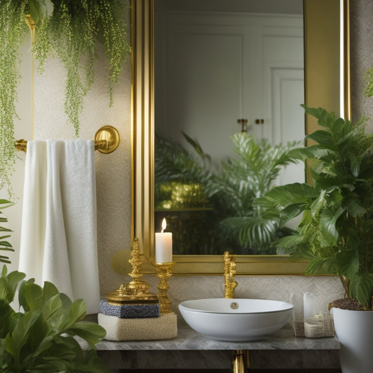 A serene bathroom scene featuring a crisp white wall adorned with a mix of ornate gold mirrors, delicate botanical prints, and a few strategically placed candles, surrounded by lush greenery.