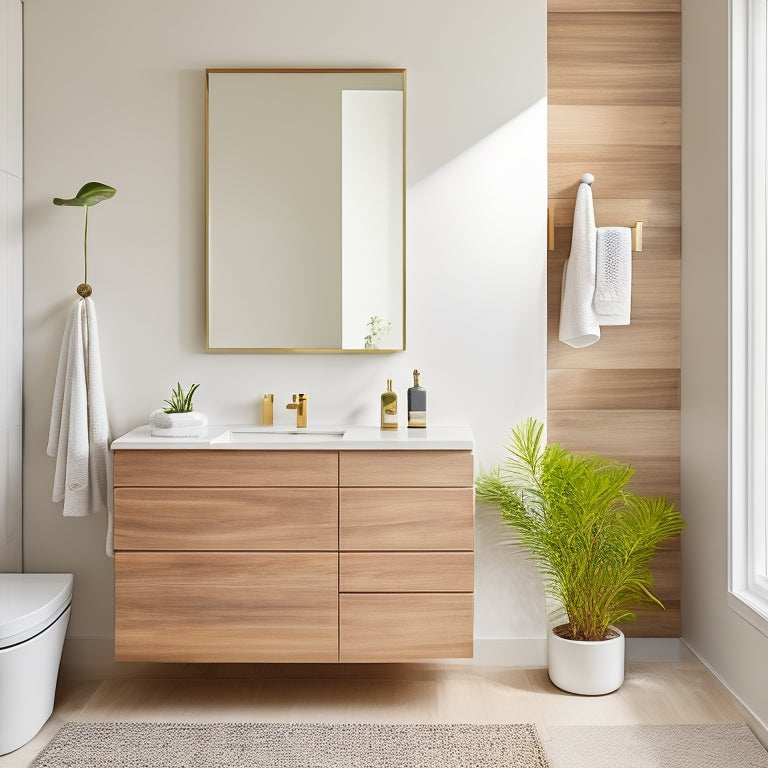 A serene, modern bathroom with a sleek, wall-mounted vanity featuring a discreet, slide-out towel compartment in a warm, natural wood tone, surrounded by crisp, white walls and minimalist decor.