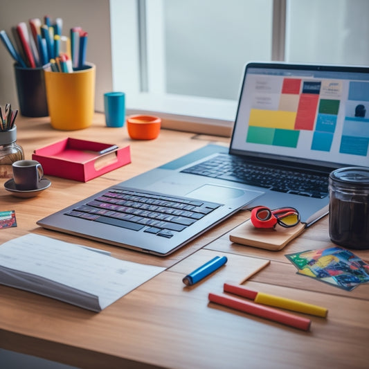 A minimalist, modern desk with a sleek laptop, surrounded by colorful, assorted labels and stickers in various shapes and sizes, scattered across a wooden surface with a subtle grain.