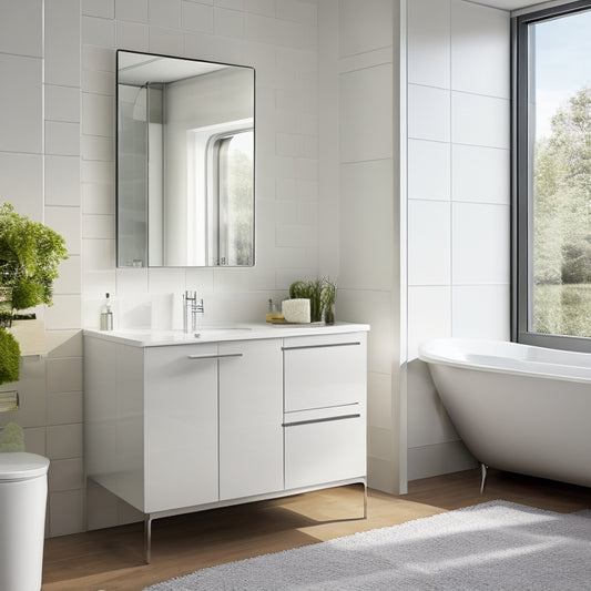 A sleek, modern bathroom with a corner mirrored cabinet featuring a rounded edge, chrome hardware, and soft-close doors, reflecting a freestanding tub and minimalist decor.