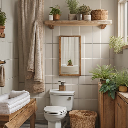 A cozy bathroom scene featuring rustic wooden shelving above a toilet, adorned with potted plants, vintage jars, and rolled towels, all set against a textured, neutral wall with soft natural lighting.