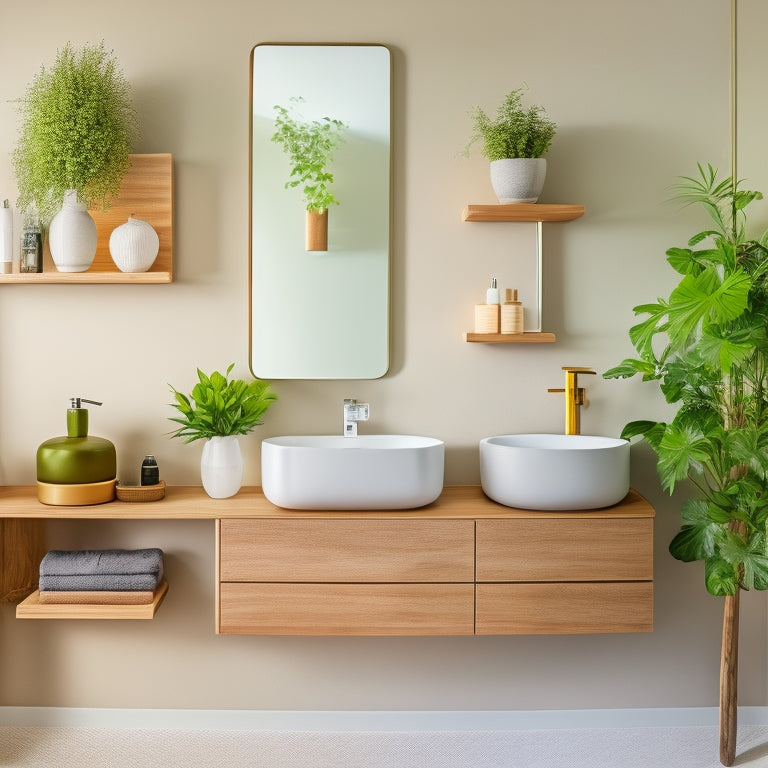 A sleek, minimalist bathroom featuring various floating shelves made of wood and glass, adorned with potted plants, stylish toiletries, and neatly folded towels, all set against a soft, neutral-toned wall and elegant fixtures.