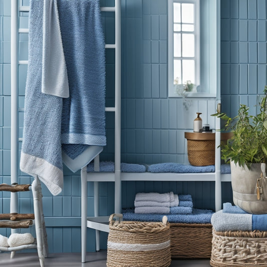 A serene bathroom scene featuring a repurposed vintage ladder as a towel rack, a DIY mosaic mirror frame, and a woven basket storing rolled towels, set against a calming blue-gray wall.