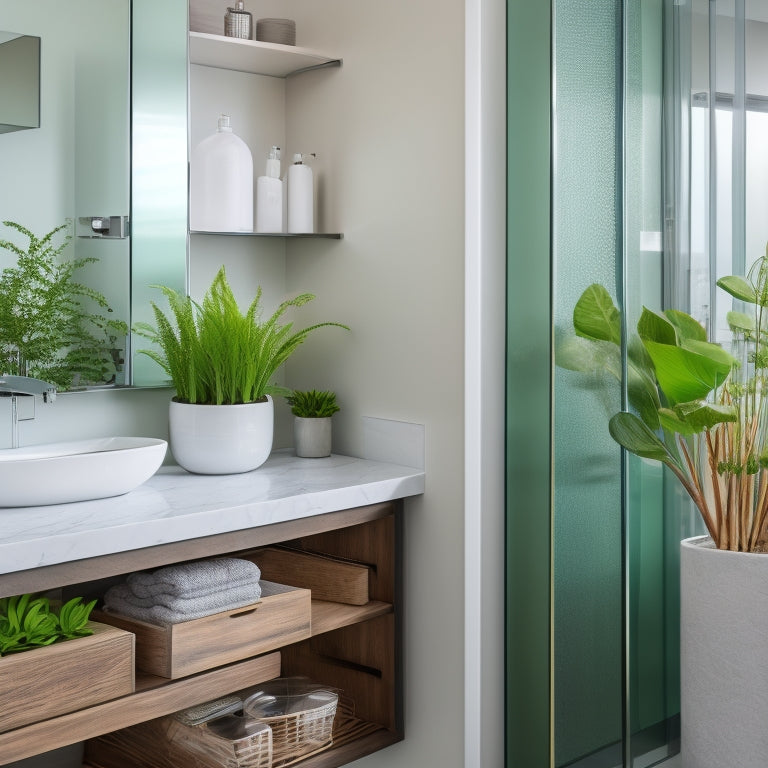 A sleek, modern bathroom with a floor-to-ceiling glass door cabinet, polished chrome handles, and minimalist shelves storing rolled towels, decorative soap dispensers, and a few green plants.
