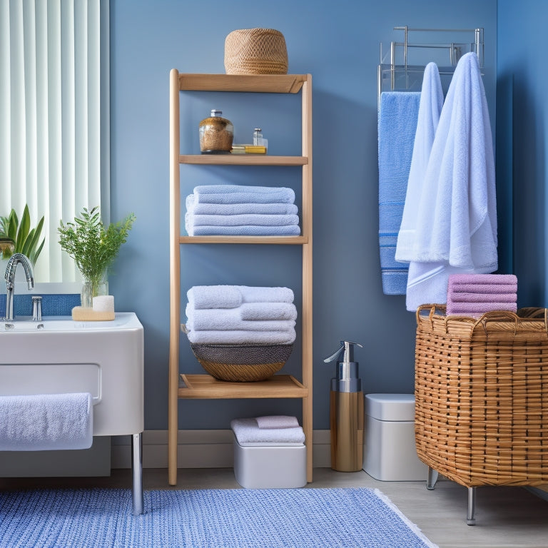 A stylish, modern bathroom with a pedestal sink, surrounded by various storage products: woven baskets, glass shelves, and a chrome towel rack, with a few rolled towels and toiletries neatly organized.
