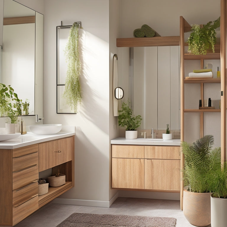 A sleek, modern bathroom featuring modular cabinets with open shelves, showcasing neatly arranged towels and decorative plants. Soft lighting highlights the warm wood tones and minimalist design, creating an inviting and organized space.