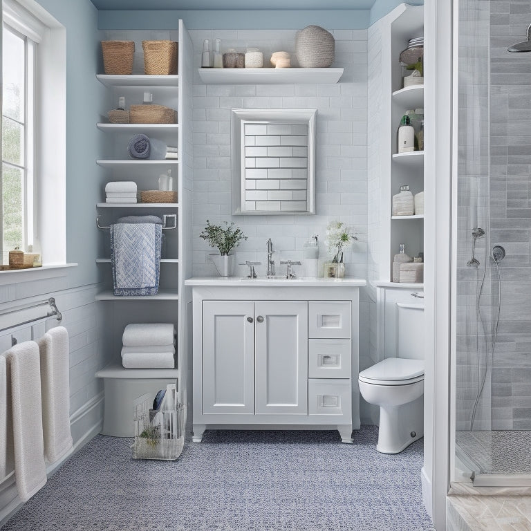 A clutter-free bathroom with a wall-mounted cabinet featuring pull-out baskets, a pedestal sink with a slide-out drawer, and a shower caddy with hanging storage compartments.