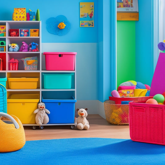 A bright, organized playroom with colorful bins, baskets, and shelves, toys and books neatly arranged, a few happy toys and stuffed animals peeking out, and a calm, clutter-free background.