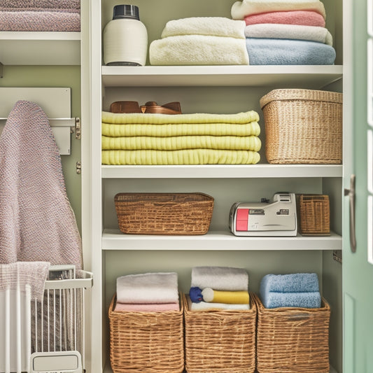 A tidy linen closet with shelves and baskets, featuring colorful labels on storage bins, a label maker on a shelf, and a few rolled towels with a subtle soft focus effect.