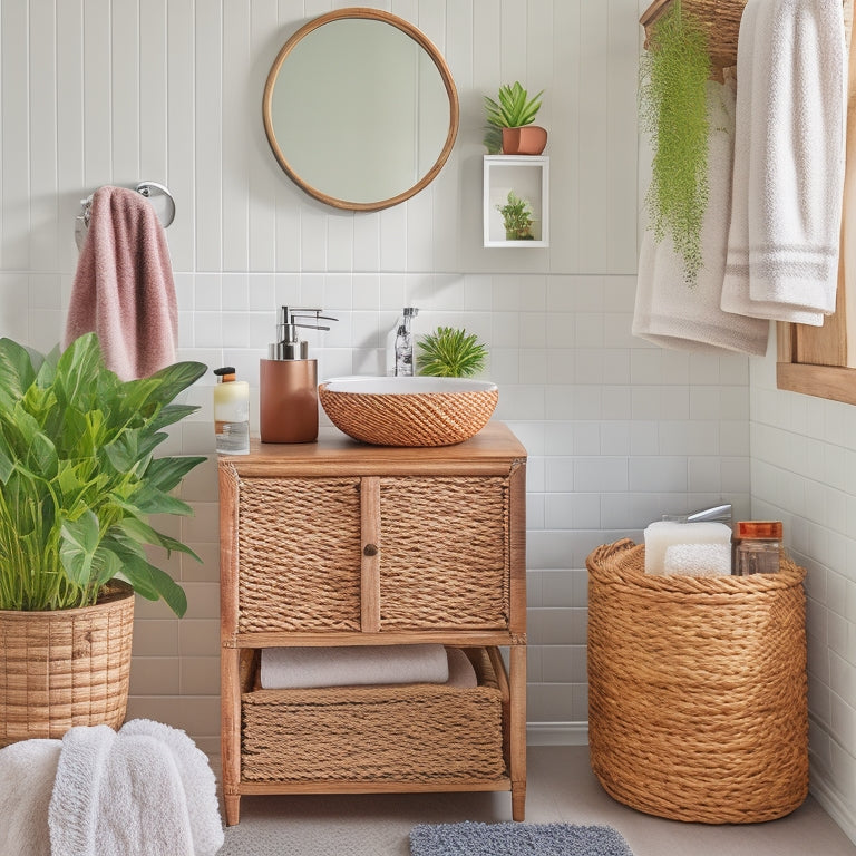 A clutter-free small bathroom countertop with a tiered wooden storage unit, a woven basket, and a slim glass shelf, surrounded by a few decorative bathroom essentials and a small potted plant.