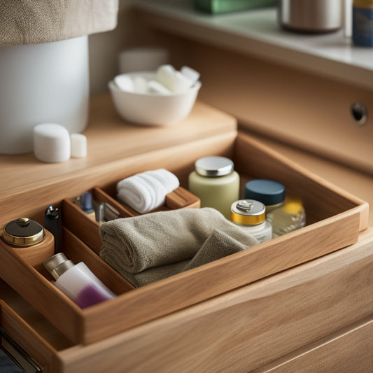 A sleek wooden bathroom drawer opens to reveal organized sections filled with colorful toiletries, neatly arranged towels, and elegant containers. Soft lighting highlights the natural grain of the wood and the vibrant items inside.