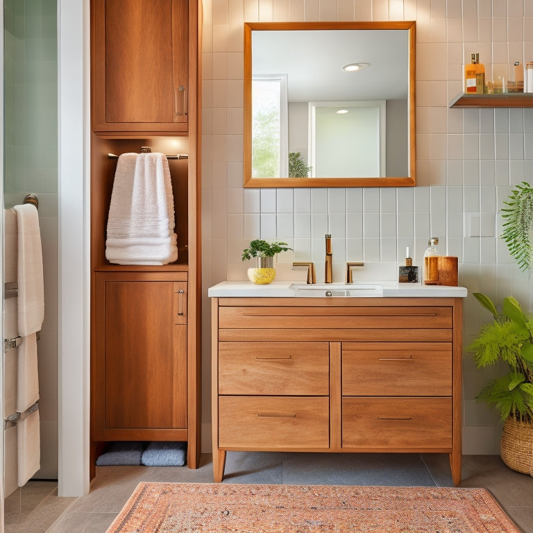 A serene, modern bathroom with a wall-mounted cabinet featuring soft-close drawers in a warm wood tone, surrounded by gleaming fixtures and a crisp white countertop, with a few decorative bottles and towels.