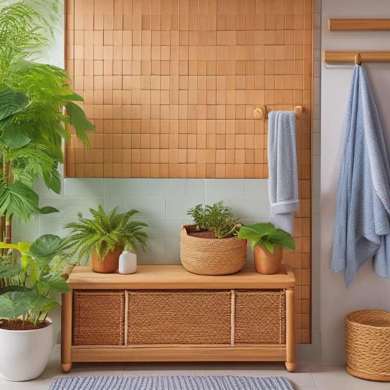 A serene bathroom with a natural bamboo wall-mounted cabinet, woven baskets, and a towel rack, surrounded by lush greenery, with a few rolled towels and a small potted plant on a floating shelf.