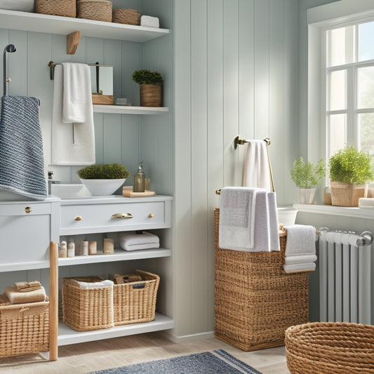 A serene bathroom scene featuring innovative storage solutions: floating shelves with neatly arranged jars, a stylish ladder for towels, a woven basket under the sink, and a sleek cabinet with mirrors reflecting natural light.