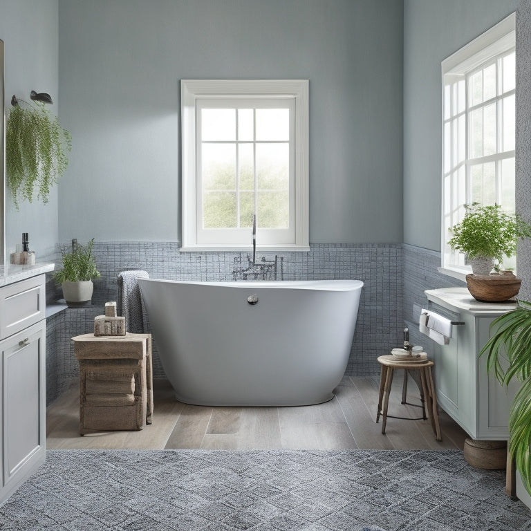A serene bathroom scene with a sleek, wall-mounted faucet and a freestanding tub surrounded by a seamless, grout-less surface, contrasting with a smaller inset of a traditional tile-clad tub wall.