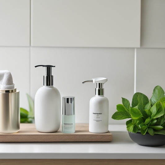 A serene bathroom countertop with a few, carefully selected, elegant beauty products, a small potted plant, and a simple, modern soap dispenser, set against a clean, white background.