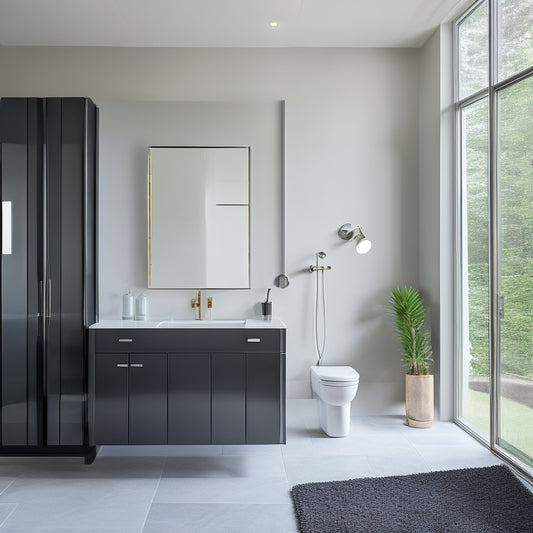 A sleek, modern black bathroom with a floor-to-ceiling storage cabinet featuring clean lines, a minimalist handle, and a mirrored door, surrounded by a freestanding tub and elegant floor tiles.
