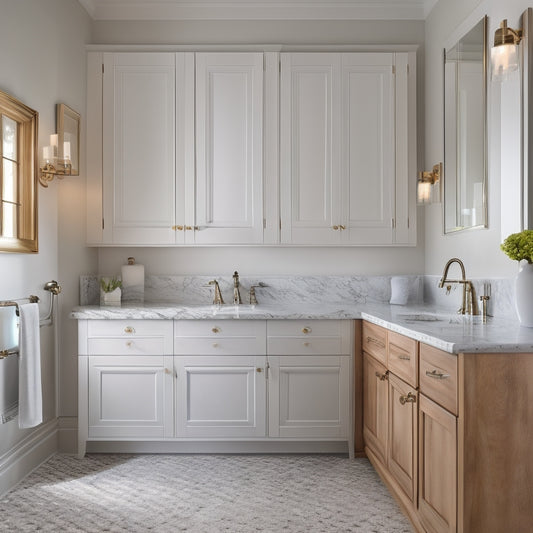 A serene bathroom scene featuring a Shaker-style vanity with clean lines, flat-panel doors, and a warm wood tone, paired with a white Carrara marble countertop and a polished chrome faucet.