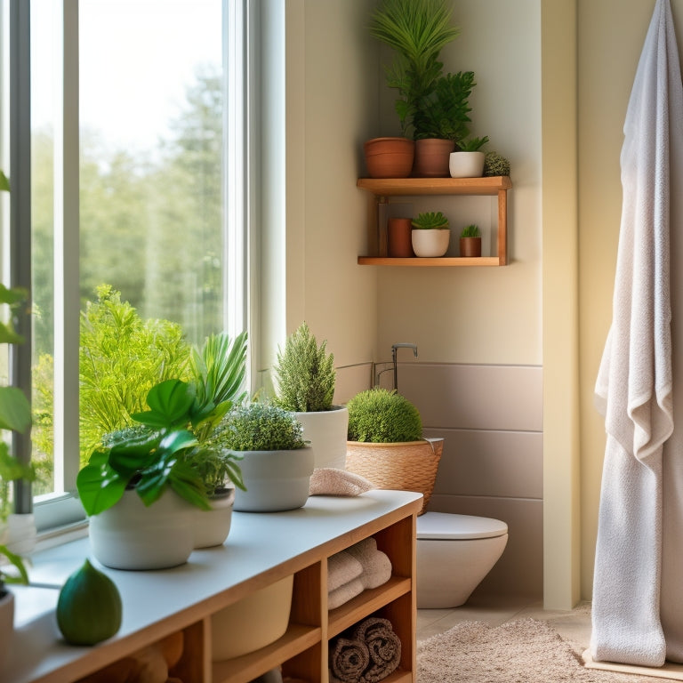A serene minimalist bathroom featuring open shelving, showcasing neatly arranged organic towels, potted succulents, and simple ceramic containers. Soft natural light filters through a frosted window, illuminating the calm, uncluttered space.
