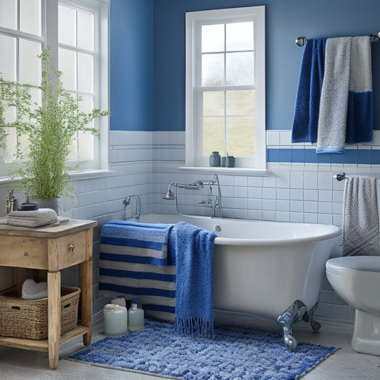 A serene bathroom scene with a mix of modern and vintage elements: a refurbished claw-foot tub, a repurposed wooden ladder as a towel rack, and a mosaic-tiled backsplash in shades of blue and white.