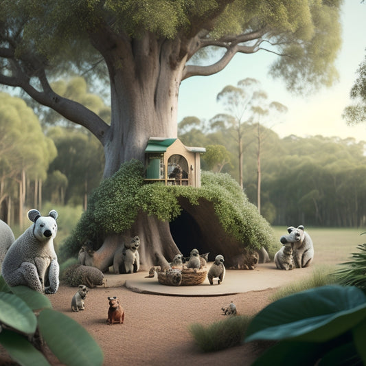 A serene Australian forest scene featuring a giant eucalyptus tree with a stylized, modern hub in its trunk, surrounded by koalas playing with various childcare products and toys.