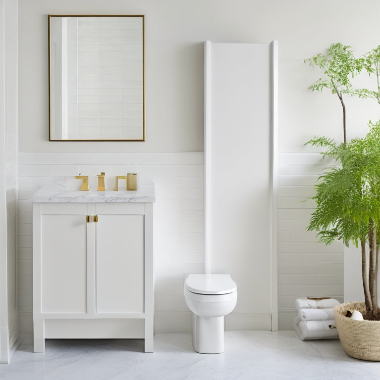 A serene, minimalist bathroom with a wall-mounted cabinet, a freestanding storage unit, and a pedestal sink with a built-in shelf, surrounded by crisp white walls and a polished marble floor.